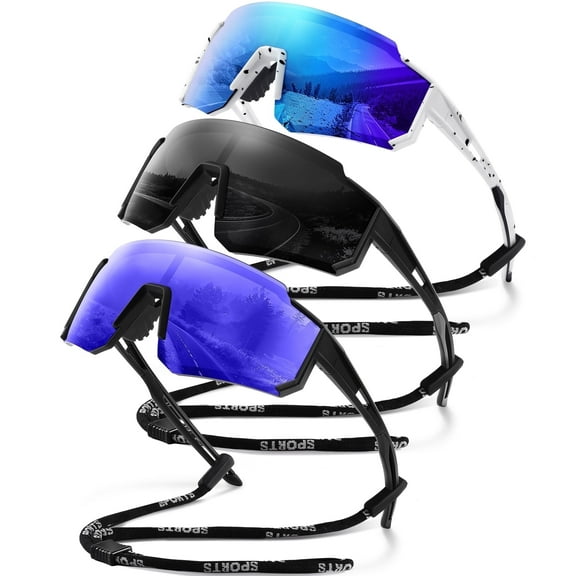 AOMASTE Polarized Sports Sunglasses for Men and Women Oversized Sun Glasses with UV Protection for Driving Cycling Running(Black/Blue/Dark Blue-3 Pack)