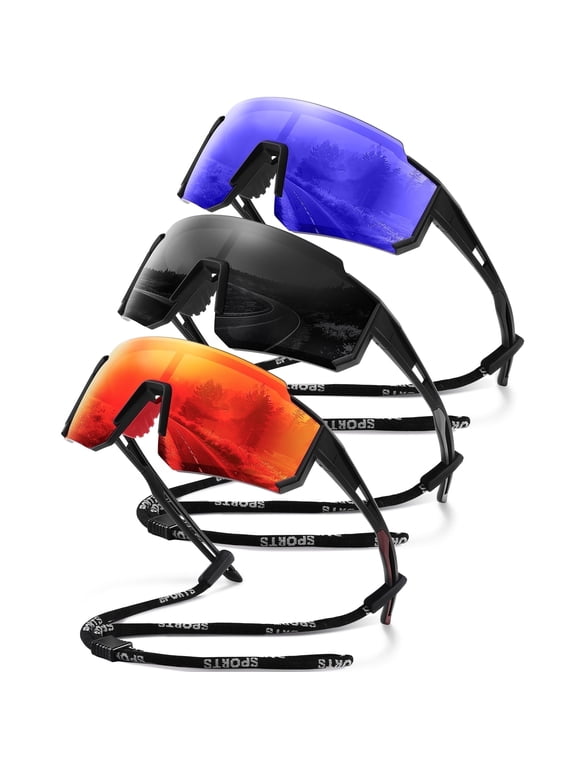 Polarized Sports Sunglasses for Men and Women Oversized Sun Glasses with UV Protection for Driving Cycling Running(Black/Orange/Dark Blue-3 Pack)