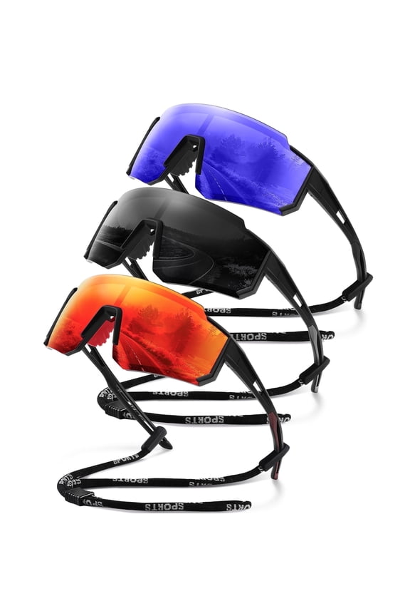 Polarized Sports Sunglasses for Men and Women Oversized Sun Glasses with UV Protection for Driving Cycling Running(Black/Orange/Dark Blue-3 Pack)