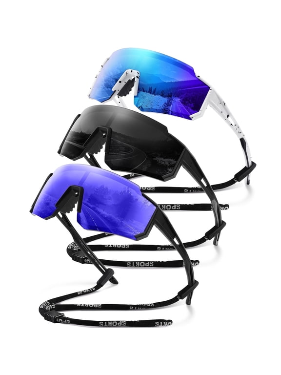 Polarized Sports Sunglasses for Men and Women Oversized Sun Glasses with UV Protection for Driving Cycling Running(Black/Blue/Dark Blue-3 Pack)