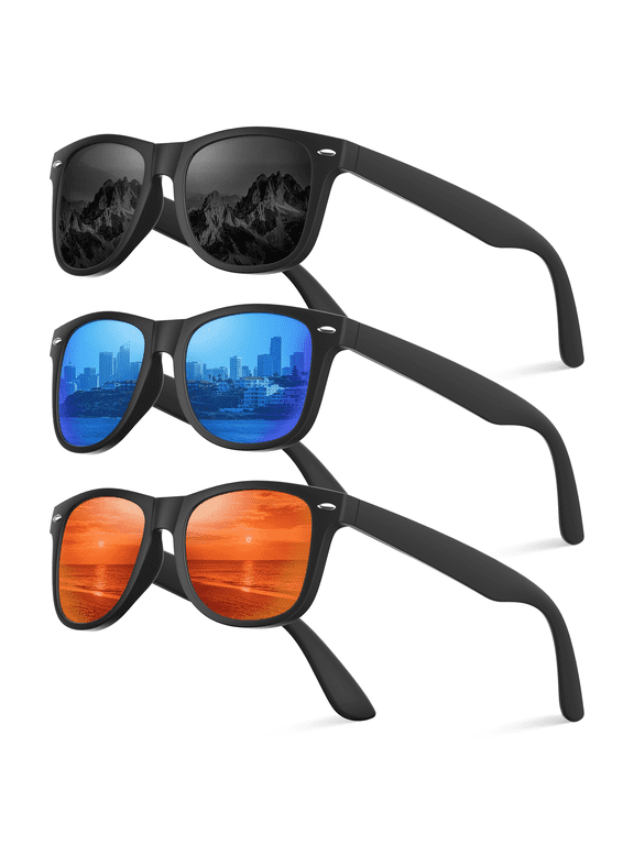 Polarized Sunglasses for Men Women Retro Driving Fishing Sun Glasses UV400 Protection (Blue-Black-Orange-3 Pack)