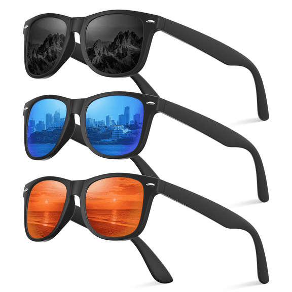 AOMASTE Polarized Sunglasses for Men Women Retro Driving Fishing Sun Glasses UV400 Protection (Blue-Black-Orange-3 Pack)