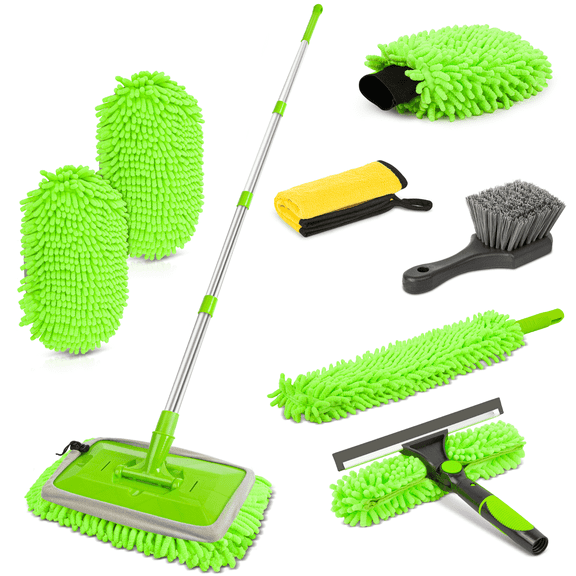 AOMBOO 62" Car Wash Brush & Cleaning Kit - 8-Piece Set with Long Handle Mop, Extra Mop Head, Wheel Brush, Glass Squeegee, Chenille Duster & Wash Mitt for Cars RV Truck Boat(Green)