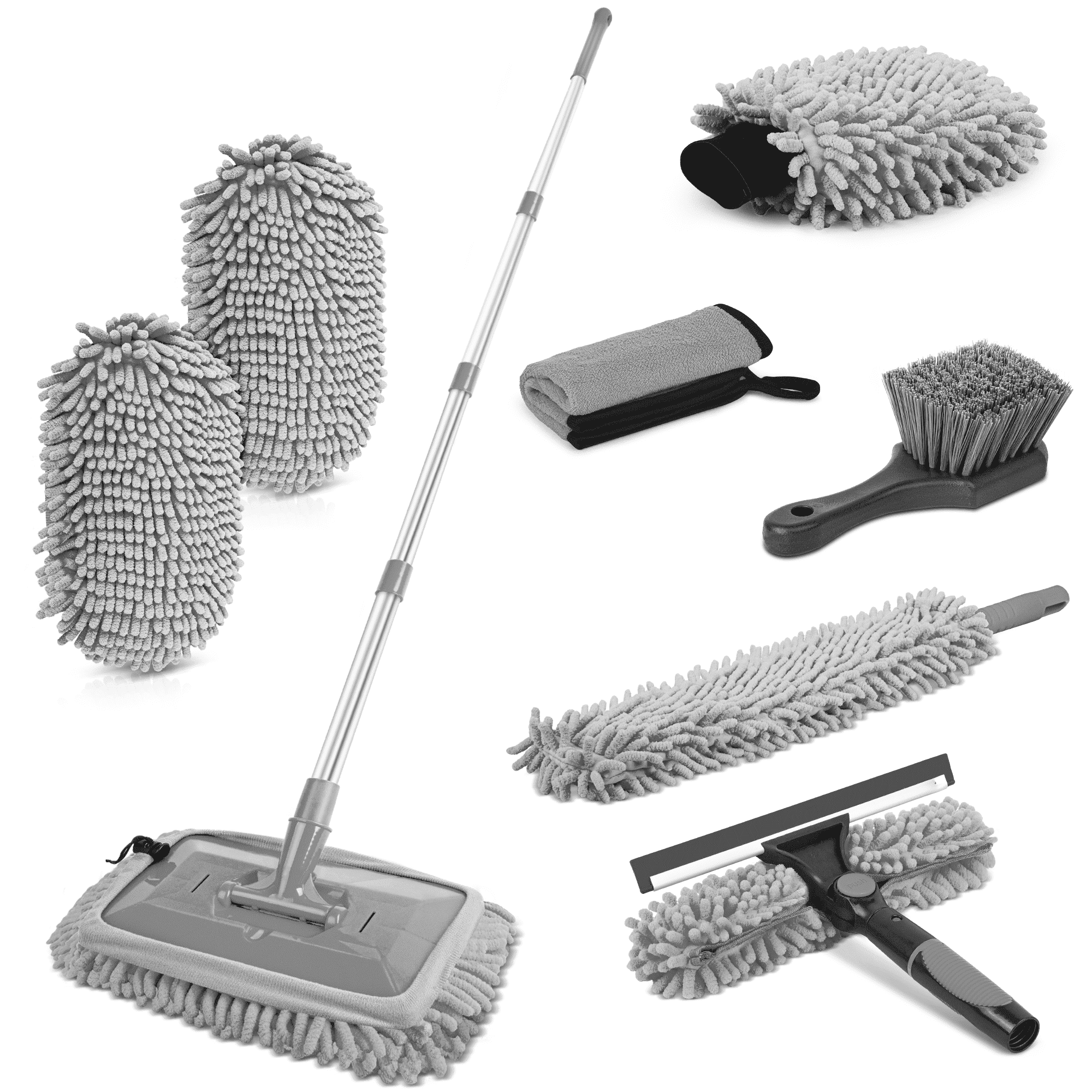 OWNTECH 62" Car Wash Brush & Cleaning Kit - 8-Piece Set with Long Handle Mop, Extra Mop Head, Wheel Brush, Glass Squeegee, Chenille Duster & Wash Mitt for Cars RV Truck Boat(Gray)