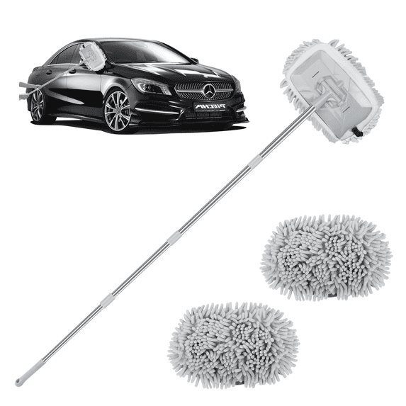 AOMBOO Gray 62" Car Wash Mop Kit, 2 Chenille Microfiber Heads, Extra Long Handle for SUV, Truck, and RV Cleaning
