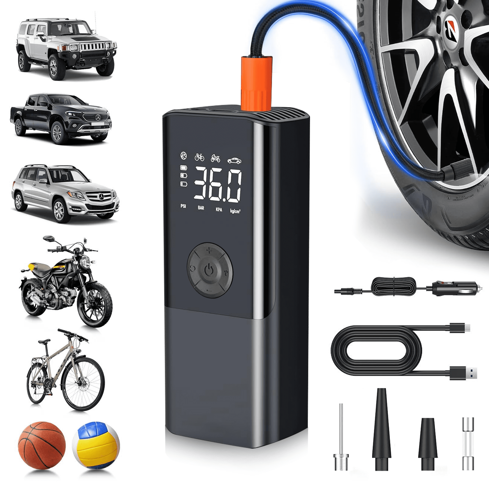 The Coupon deal of  AOMBOO Tire Inflator Portable Air Compressor, for Car Tires with Automatic Shutoff, 150 PSI Digital Pressure Gauge, Emergency LED Light, Cordless and Compact Automotive Pump, Black
