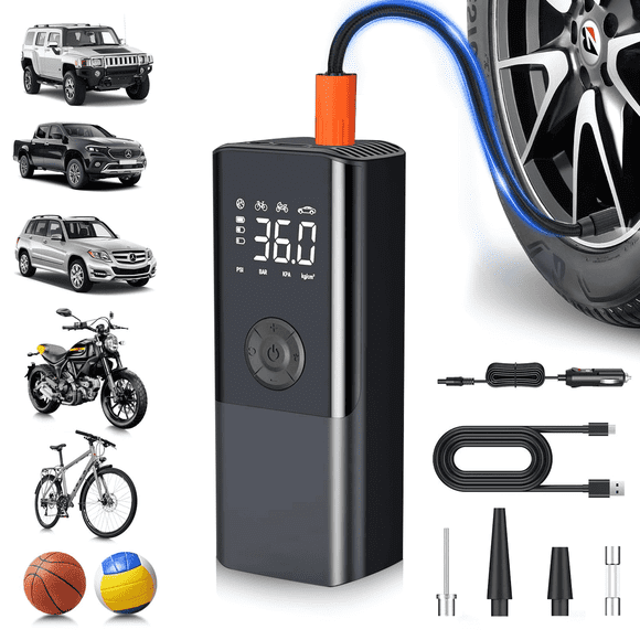 AOMBOO Tire Inflator Portable Air Compressor, for Car Tires with Automatic Shutoff, 150 PSI Digital Pressure Gauge, Emergency LED Light, Cordless and Compact Automotive Pump, Black