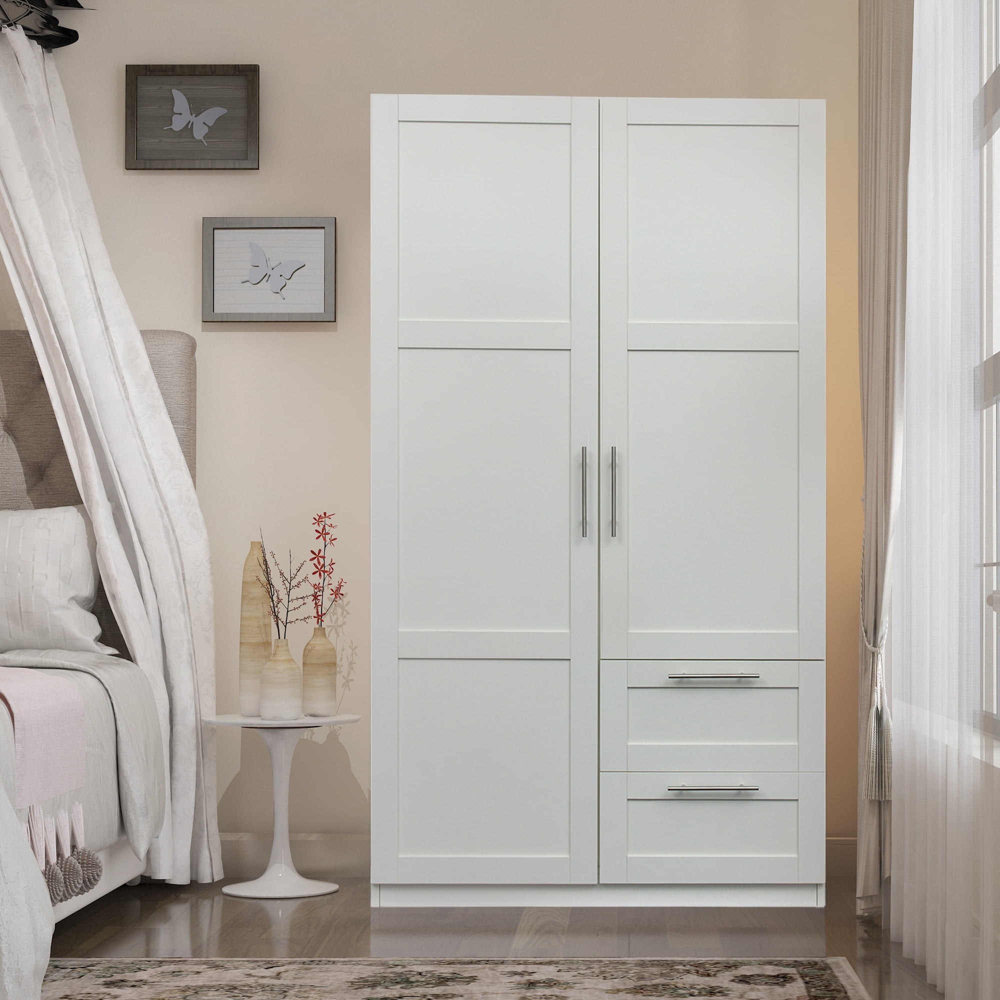 Tall White Wardrobe Armoire - Wooden Storage Cabinet- CharmyDecor