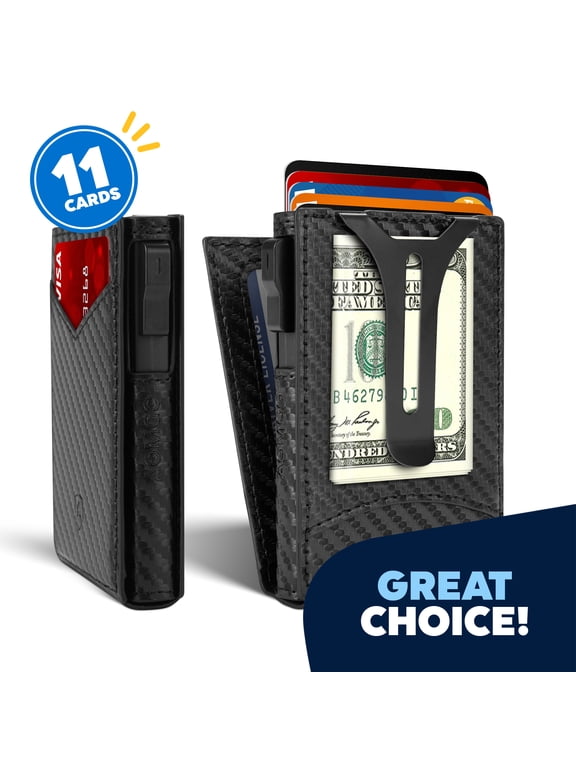 Slim Wallet for Men, Pop Up Card Holder with Money Clip, ID Window and Magnetic Closure, Vegan Leather Minimalist Bifold Wallet, Carbon Fiber Design, Black