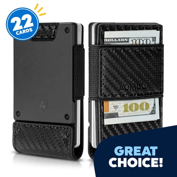 AOMGO Slim Wallet for Men, RFID Blocking Minimalist Card Holder with Quick Access Pull Tab, Cash Pockets and Elastic Strap, Aluminum Frame with Carbon Fiber Texture, Holds Up to 22 Cards, Black