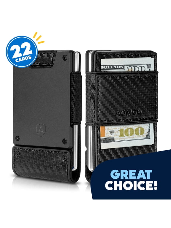 Slim Wallet for Men, RFID Blocking Minimalist Card Holder with Quick Access Pull Tab, Cash Pockets and Elastic Strap, Aluminum Frame with Carbon Fiber Texture, Holds Up to 22 Cards, Black