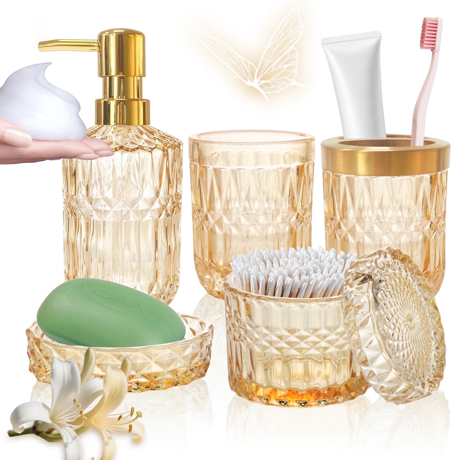 AOMOTA 5Pcs Bathroom Accessories Set, Modern Glass Bathroom Accessories with Lotion Soap Dispenser, Soap Dish, Toothbrush Holder, Tumbler, Cotton Swab Jars, Perfect for Bathroom Theme Gift,Golden