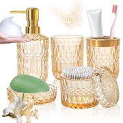AOMOTA 5Pcs Bathroom Accessories Set, Modern Glass Bathroom Accessories with Lotion Soap Dispenser, Soap Dish, Toothbrush Holder, Tumbler, Cotton Swab Jars, Perfect for Bathroom Theme Gift,Golden
