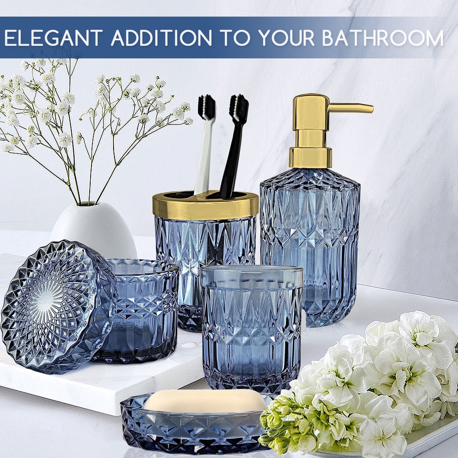 AOMOTA 5Pcs Bathroom Accessories Set, Modern Glass Bathroom Accessories