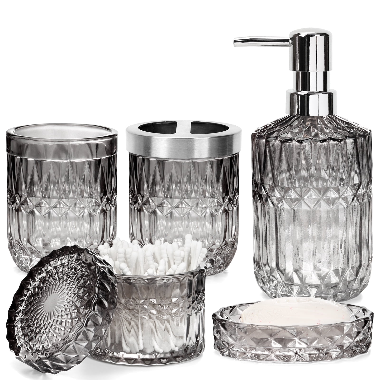 AOMOTA 5Pcs Bathroom Accessories Set, Modern Glass Bathroom Accessories with Lotion Soap Dispenser, Soap Dish, Toothbrush Holder, Tumbler, Cotton Swab Jars, Perfect for Bathroom Theme Gift,Black