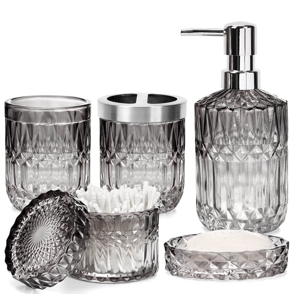 AOMOTA 5Pcs Bathroom Accessories Set, Modern Glass Bathroom Accessories with Lotion Soap Dispenser, Soap Dish, Toothbrush Holder, Tumbler, Cotton Swab Jars, Perfect for Bathroom Theme Gift,Black