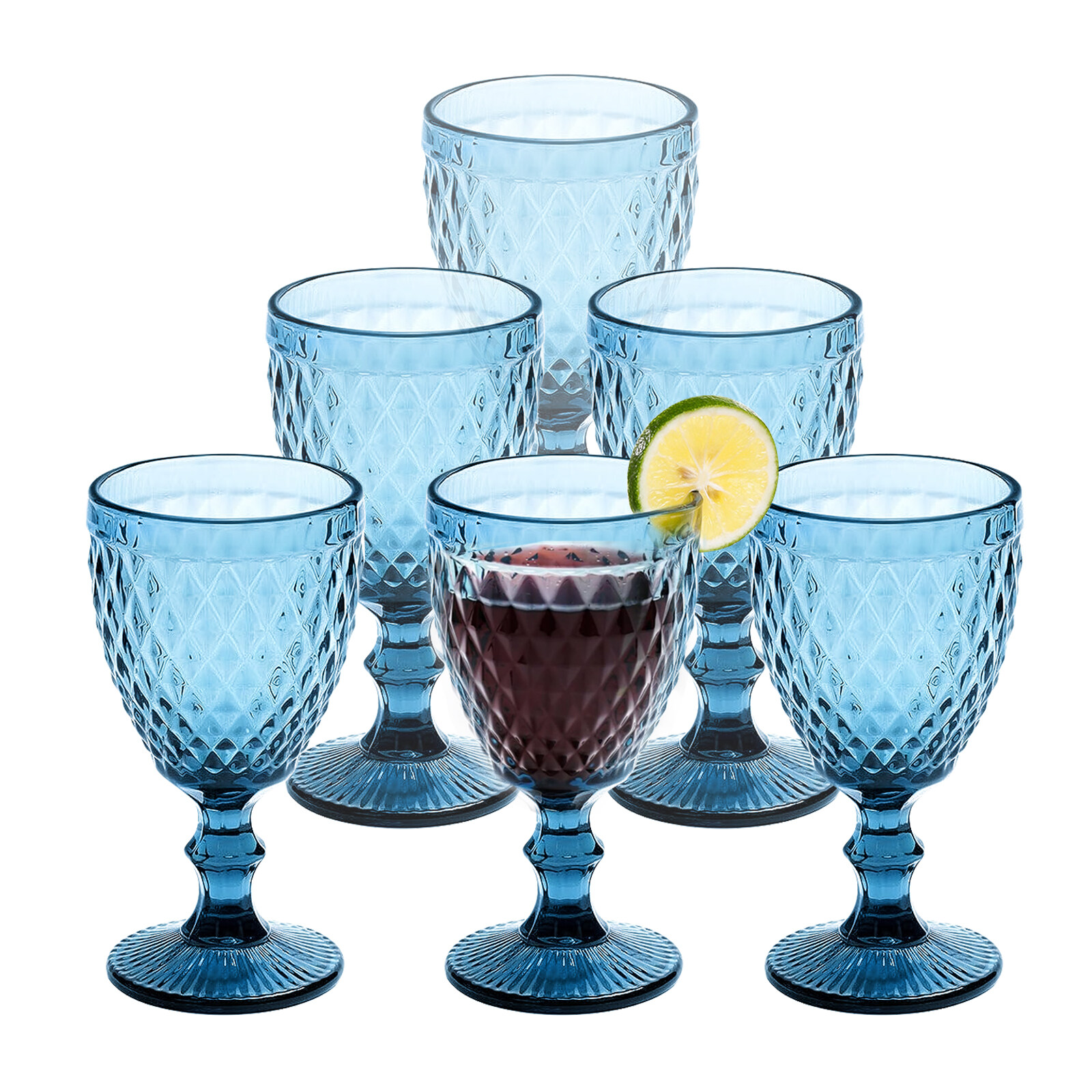 AOMOTA 6pcs Embossed Vintage Glass Goblets, 8 oz, Blue Glassware ...