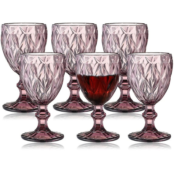 AOMOTA 6pcs Glass Goblet Embossed Retro Vintage Glassware Glass Goblet Wine Goblet Wine Cup Stemware for Beverage (Purple)