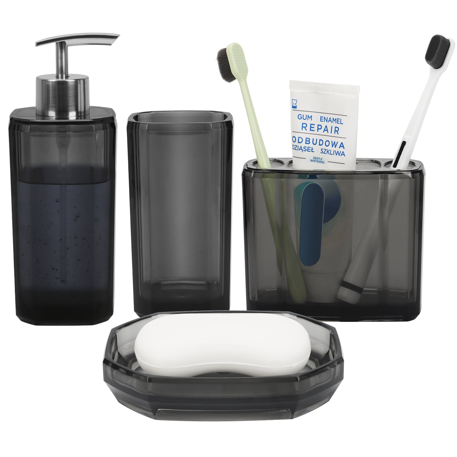 4-Piece Plastic Soap Dispenser Set, Includes Toothbrush Holder, Soap Dispenser, Soap Dish, and Cup Bathroom Accessory Set, High-Transparency Black