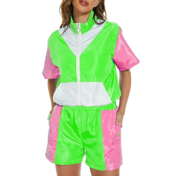 AOMPMSDX Adult Women And Man 80s Tracksuit Retro Hop Windbreaker Disco Tracksuit Sets Colorblock Outfits Set Green L