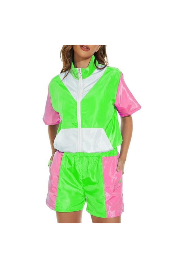 AOMPMSDX Adult Women And Man 80s Tracksuit Retro Hop Windbreaker Disco Tracksuit Sets Colorblock Outfits Set Green M
