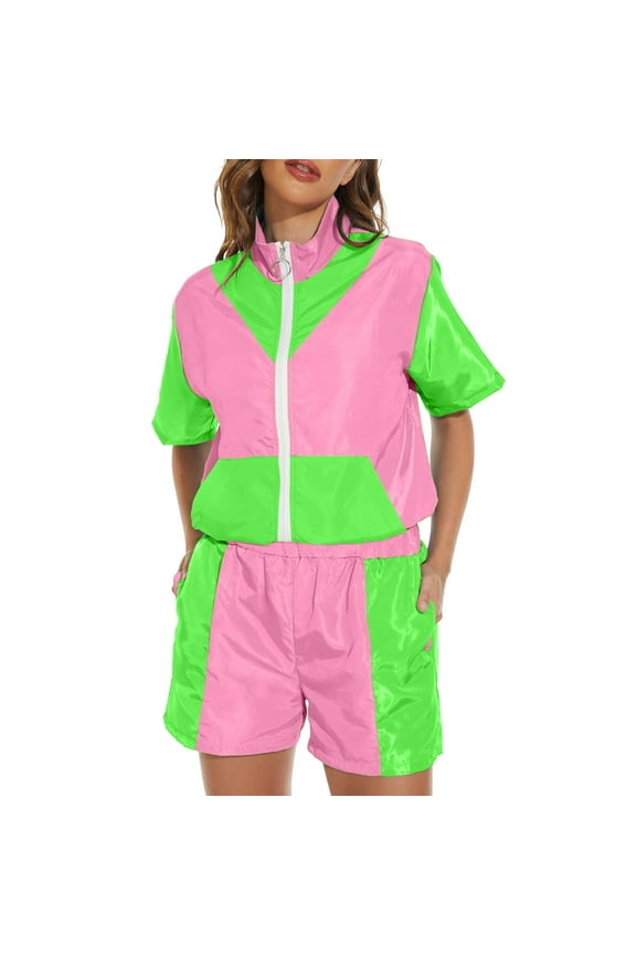 Adult Women And Man 80s Tracksuit Retro Hop Windbreaker Disco Tracksuit Sets Colorblock Outfits Set Pink M