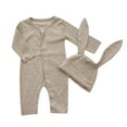 thumbnail image 1 of AOMPMSDX Baby Boys Girls Bunny Outfit My First Easter Outfits Ribbed Button Down Jumpsuit Romper With Long Bunny Ear Hat Khaki 3 Months-6 Months, 1 of 9
