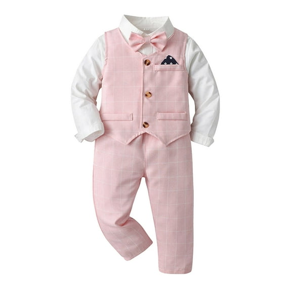 AOMPMSDX Boys Outfits Set Toddler Boys Long Sleeve Shirt Plaid Shirt Tops Pants Coat With Tie 4Pcs Child Kids Gentleman Outfits Pink 2 Years-3 Years