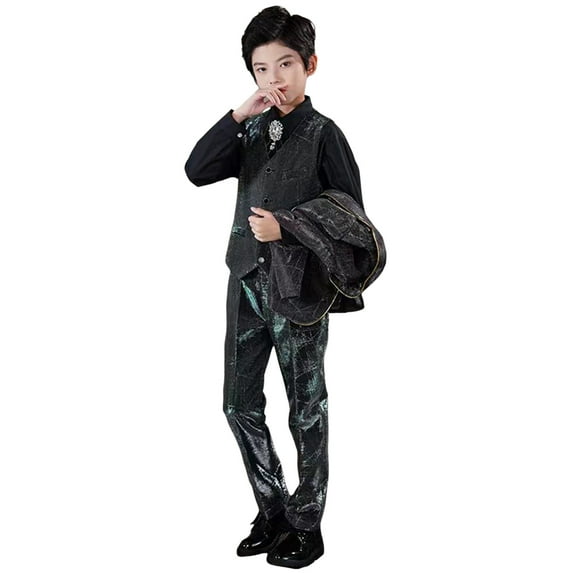 AOMPMSDX Boys Outfits Set Toddler Boys Tuxedo Suit Boys Slim Fit Formal Wedding Party Revelry Shinning Outfit Suit Kids 4 Piece Vest Pants Jacket Suit Set Ag 9 Years-10 Years