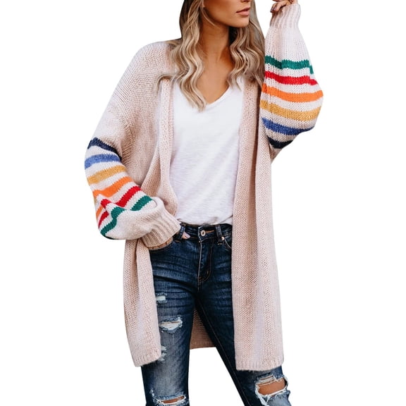 AOMPMSDX Cardigan For Women Overcoat Plus Size Warm Rainbow Stripe Print Long Sleeve Open Front Winter Fashion Cardigan Outwear Sweater Tops M Pink