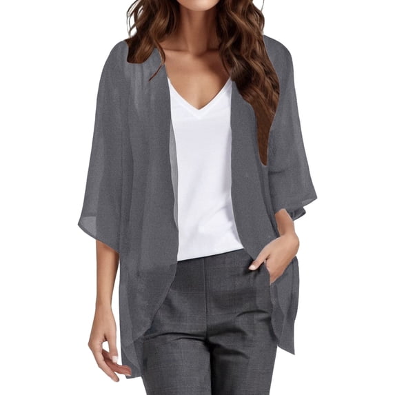 AOMPMSDX Cardigan For Womens Solid Elegant Puff Sleeve Chiffon Cardigan Loose Cover Up Casual Blouse Tops XXXXXL Grey