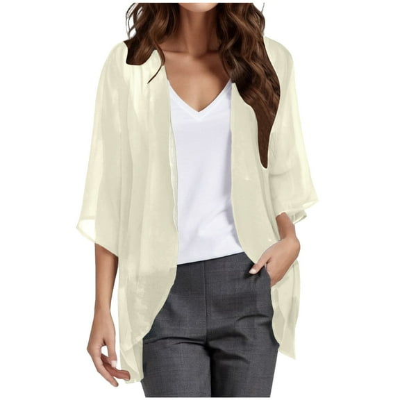 AOMPMSDX Cardigan For Womens Solid Elegant Puff Sleeve Chiffon Cardigan Loose Cover Up Casual Blouse Tops XXXXXL Khaki