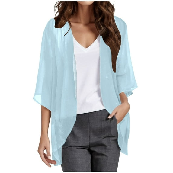 AOMPMSDX Cardigan For Womens Solid Elegant Puff Sleeve Chiffon Cardigan Loose Cover Up Casual Blouse Tops XXXXXL Light Blue