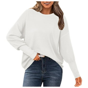 AOMPMSDX Casual Women 2024 Fall Sweater Long Sleeve Ribbed Knit Pullover Loose Crewneck Batwing Split Sweater Comfy Trendy Winter Tops Outerwear Coats L White