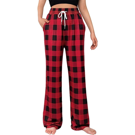 AOMPMSDX Christmas Plaid Pants Women Summer Casual Loose Drawstring Elastic High Waist Comfy Trousers Straight Leg Long Pant Red L
