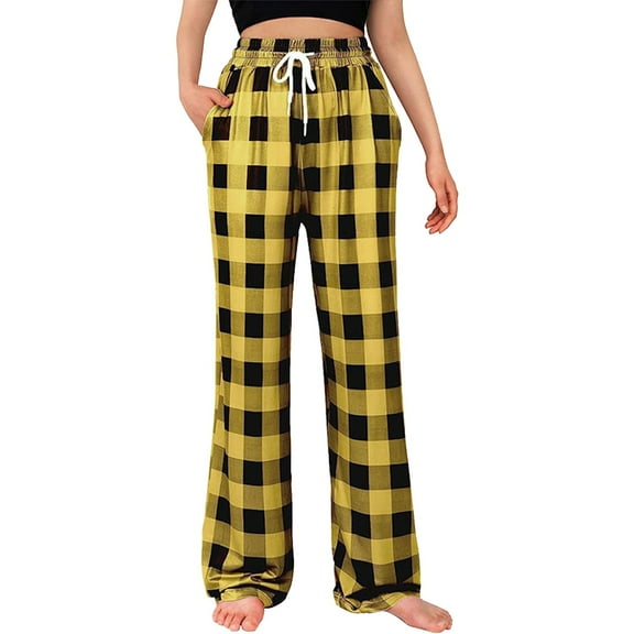 AOMPMSDX Christmas Plaid Pants Women Summer Casual Loose Drawstring Elastic High Waist Comfy Trousers Straight Leg Long Pant Yellow S