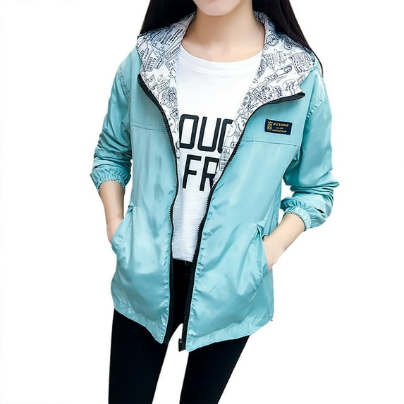 AOMPMSDX Coats For Women Women's Long Sleeves Versatile Fashion Solid Color Reversible Windbreaker Zipper Hooded Casual Jacket Outerwear S Sky Blue