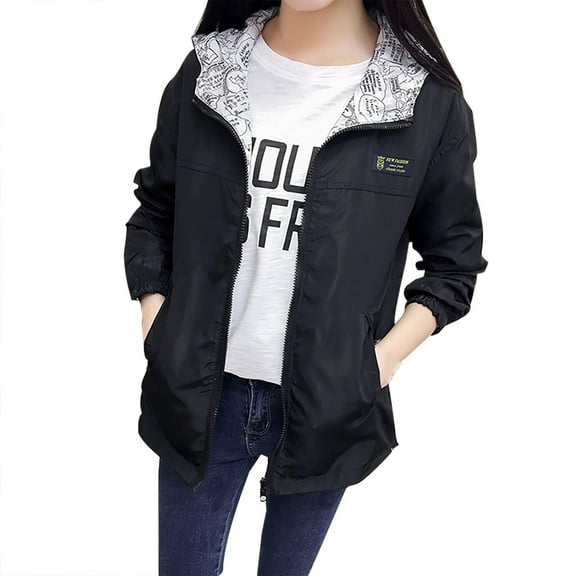 AOMPMSDX Coats For Women Women's Long Sleeves Versatile Fashion Solid Color Reversible Windbreaker Zipper Hooded Casual Jacket Outerwear XXL Black