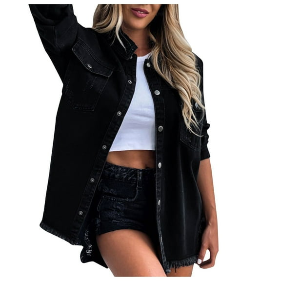 AOMPMSDX Denim Jackets For Women Distressed Denim Jacket For Women Mid Length Vintage Washed Hole Ripped Long Sleeve Jean Coat M Black