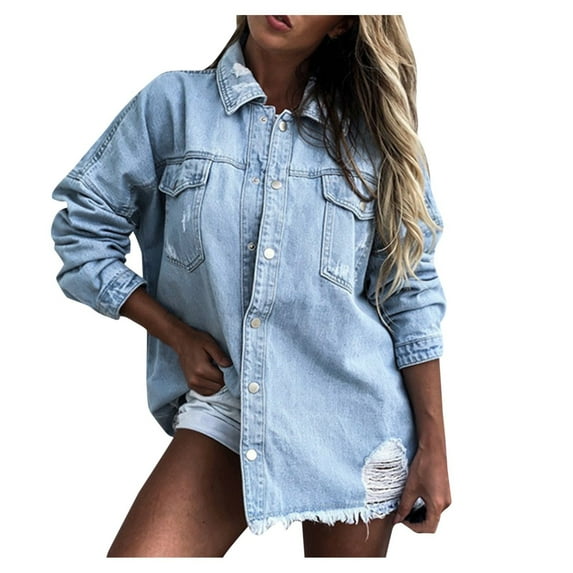 AOMPMSDX Denim Jackets For Women Distressed Denim Jacket For Women Mid Length Vintage Washed Hole Ripped Long Sleeve Jean Coat S Blue