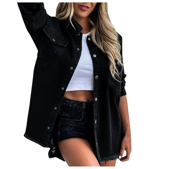AOMPMSDX Denim Jackets For Women Distressed Denim Jacket For Women Mid Length Vintage Washed Hole Ripped Long Sleeve Jean Coat XL Black