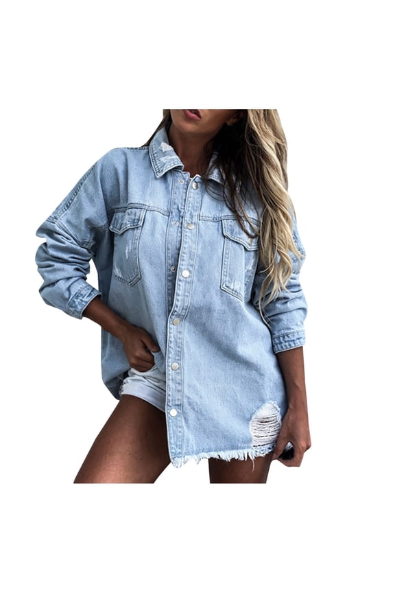 Denim Jackets For Women Distressed Denim Jacket For Women Mid Length Vintage Washed Hole Ripped Long Sleeve Jean Coat XL Blue