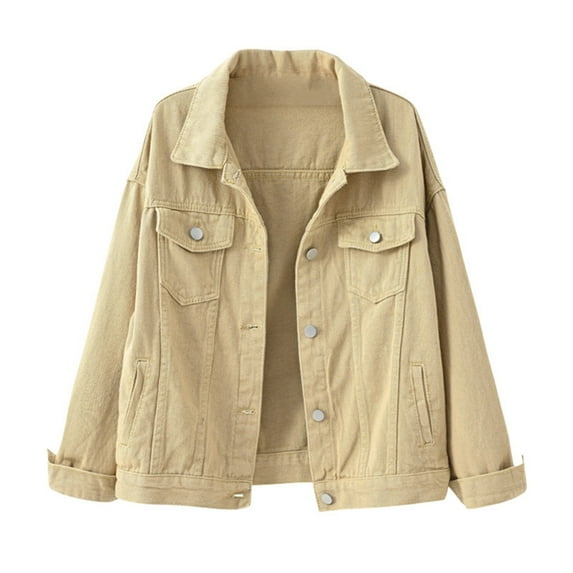 AOMPMSDX Denim Jackets For Women Women's Fashion Casual Colorful Solid Size Large Pocket Button Denim Coat Women's Short Coat M Khaki