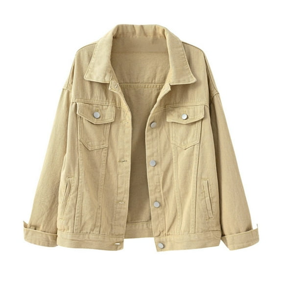 AOMPMSDX Denim Jackets For Women Women's Fashion Casual Colorful Solid Size Large Pocket Button Denim Coat Women's Short Coat XXXL Khaki
