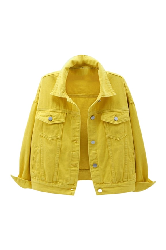 Denim Jackets For Women Women's Fashion Casual Colorful Solid Size Large Pocket Button Denim Coat Women's Short Coat XXXL Yellow