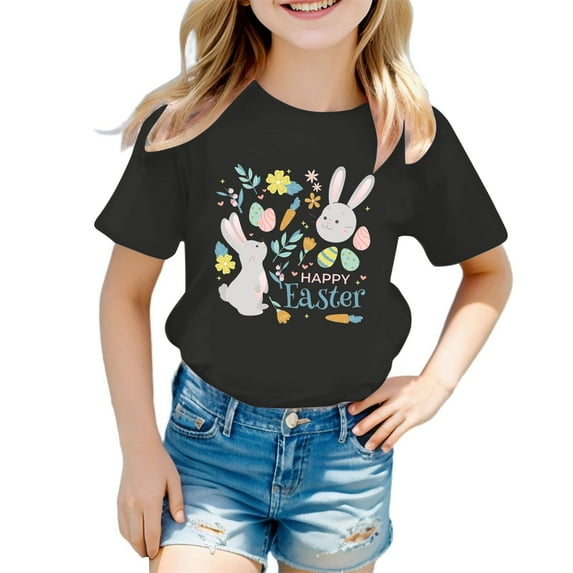 AOMPMSDX Easter Bunny Shirt Toddler Boys Girls Happy Easter T Shirt Kids Cute Bunny Rabbit Graphic Tops Black 7 Years-8 Years