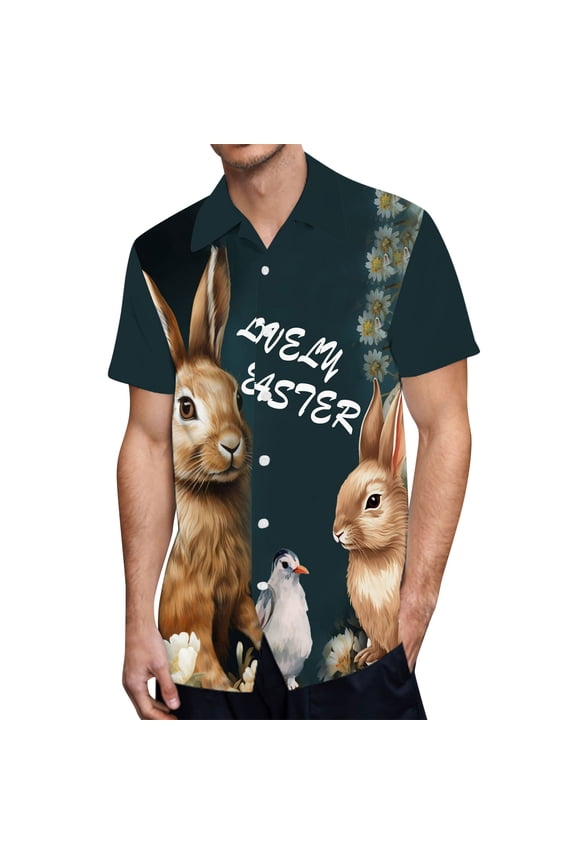 Easter Clothes Mens Fashion Casual Easter Festival Printed Lapel Button Pocket Shirt Top Spring Summer Outfits Navy XXXL