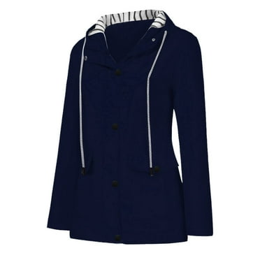 AOMPMSDX Jackets & Coats For Women Solid Rain Waterproof Plus Raincoat Windproof Hooded Women Jacket Outdoor Women's Coat L Dark Blue
