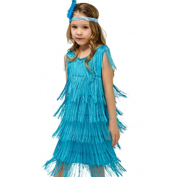 AOMPMSDX Flower Girl Dress Girls Flapper Dress Sequins Fringe Latin Dance Dress Tassel Tango Dress Ballroom With Feather Headband Blue S(4 Years-6 Years)