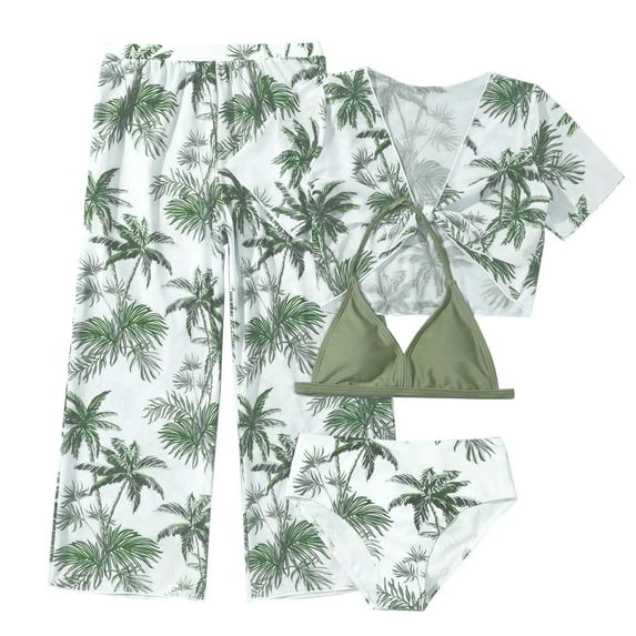 AOMPMSDX Girl'S 4 Piece Swimsuits Tropical Print Halter Bikini Set Bathing Suits With Mesh Pants Summer Casual Cute Beachwear Green 8Y(7 Years-8 Years)